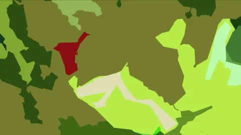 Abstraktes Bild aus flächigen, unregelmäßigen Formen in Oliv, Lindgrün, Dunkelgrün und Creme, mit einem roten Fleck links der Mitte.