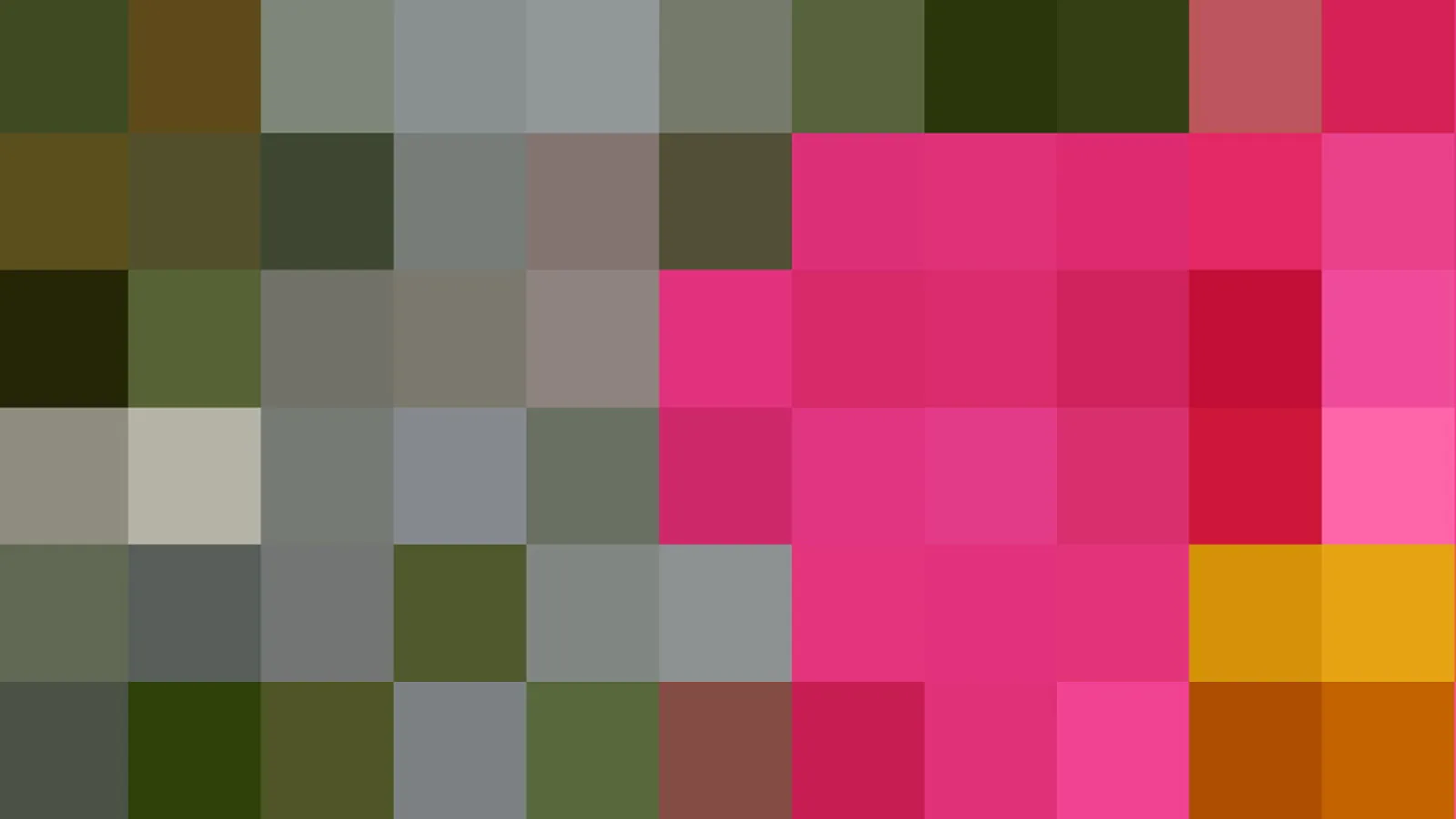 Abstraktes Mosaik aus quadratischen Farbfeldern in Grün, Grau, Pink und Orange.