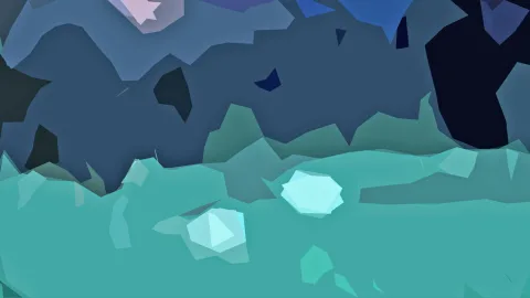 Abstrakte Komposition aus kantigen, polygonalen Flächen in Blau, Dunkelblau und Türkis, unten helle Eiskristall-artige Formen auf türkisfarbenem Grund.
