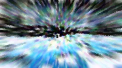 Abstraktes Bild mit radial verwischten Streifen in Blau, Grün und Violett, die von einem dunklen Zentrum nach außen laufen.