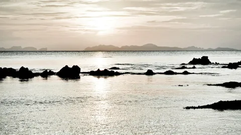 Dunkle Felsen ragen aus ruhigem Meer, im Hintergrund zeichnen sich Inselketten am hellen, dämmrigen Horizont ab.