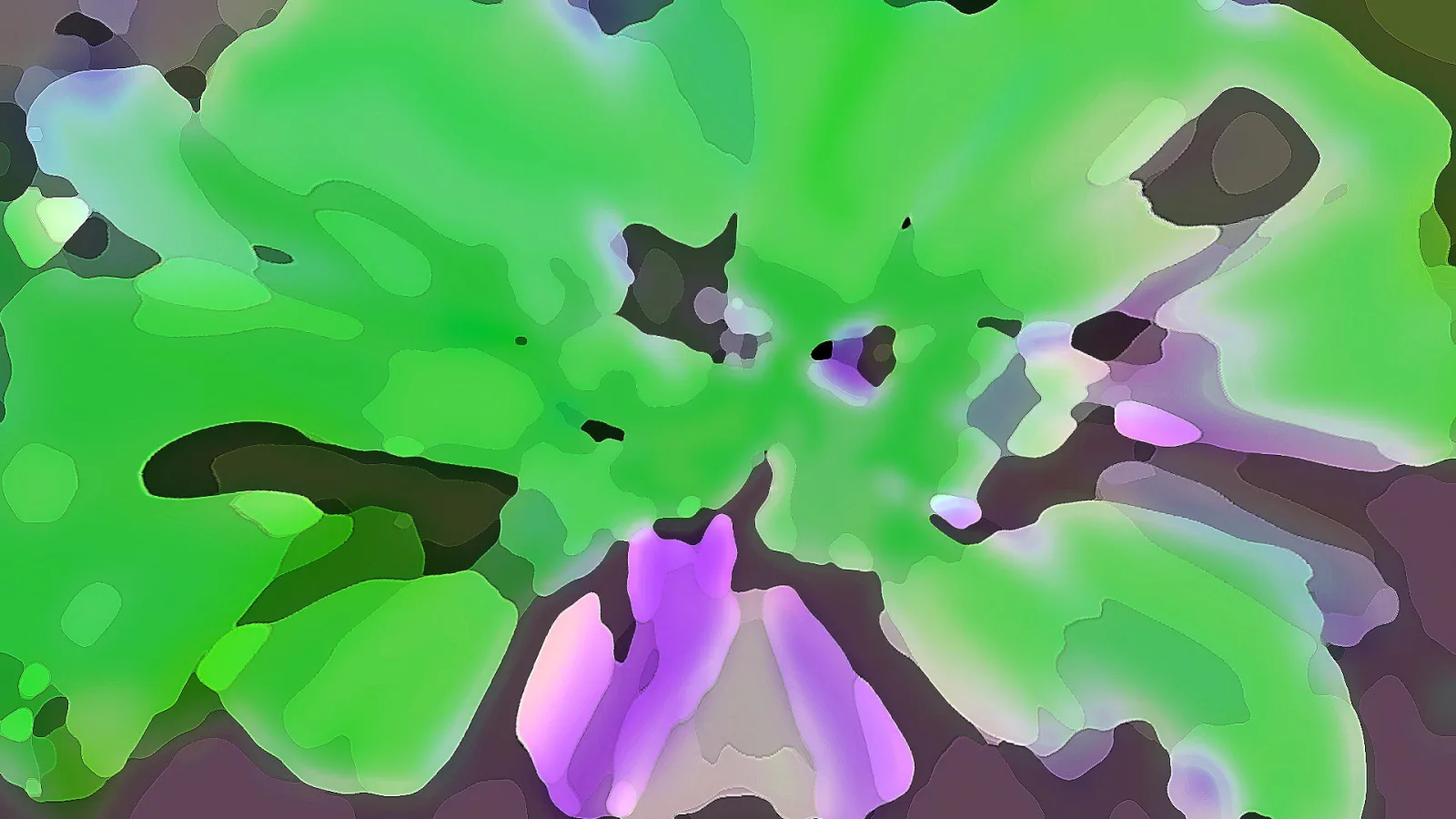 Abstrakte Komposition aus grünen, violetten und dunklen Flächen mit weichen, organischen Formen.