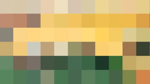 Abstrakte Komposition aus rechteckigen Farbfeldern in Beige, Gelb, Ocker, Braun und Grün, in Reihen angeordnet.