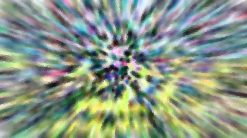 Abstraktes Bild mit radialen Farbstrahlen in Grün, Gelb, Pink und Violett, die von einem dunkleren Zentrum nach außen laufen und mosaikartig verpixelt wirken.
