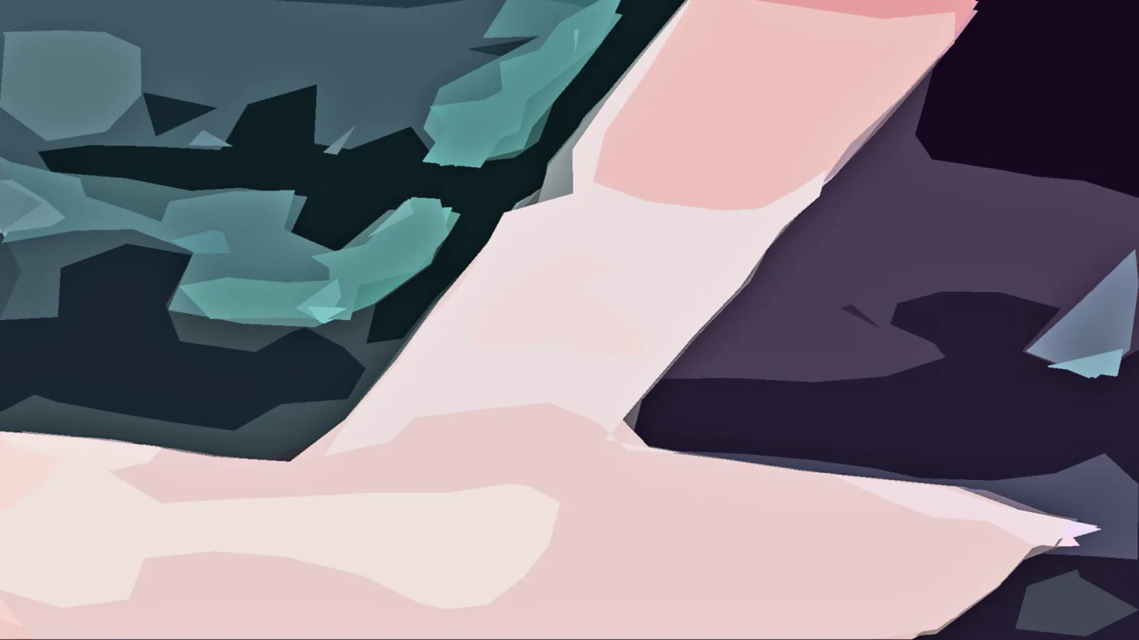 Abstrakte Komposition aus flächigen, polygonalen Formen in Rosa, Petrolgrün und dunklem Violett.