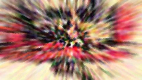 Abstraktes Bild mit radial von der Mitte nach außen strebenden roten, grünen, dunklen und gelben Farbstreifen.
