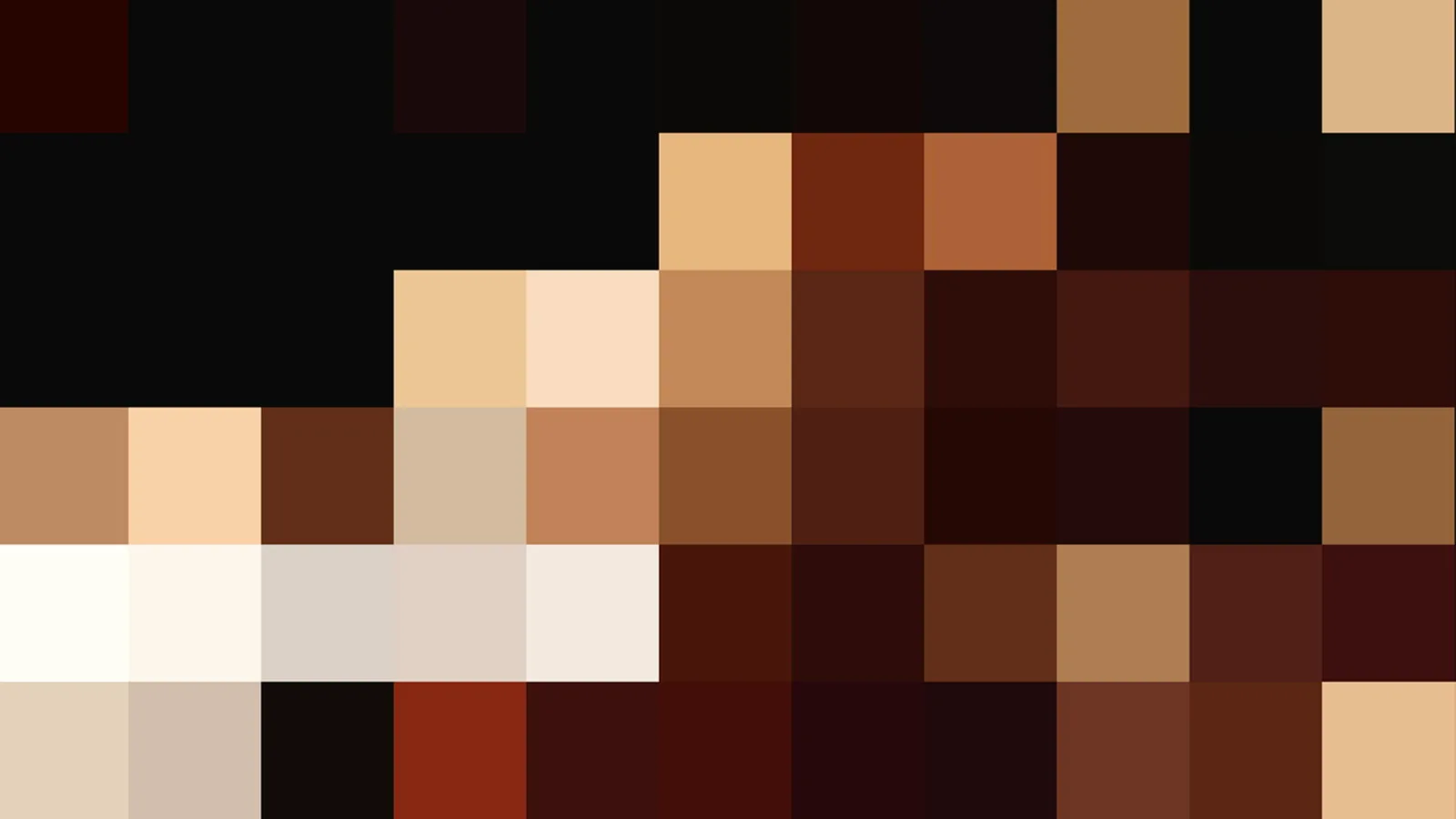 Verpixeltes Mosaik aus quadratischen Feldern in Hauttönen, Braun und Schwarz, oben links fast komplett schwarz.