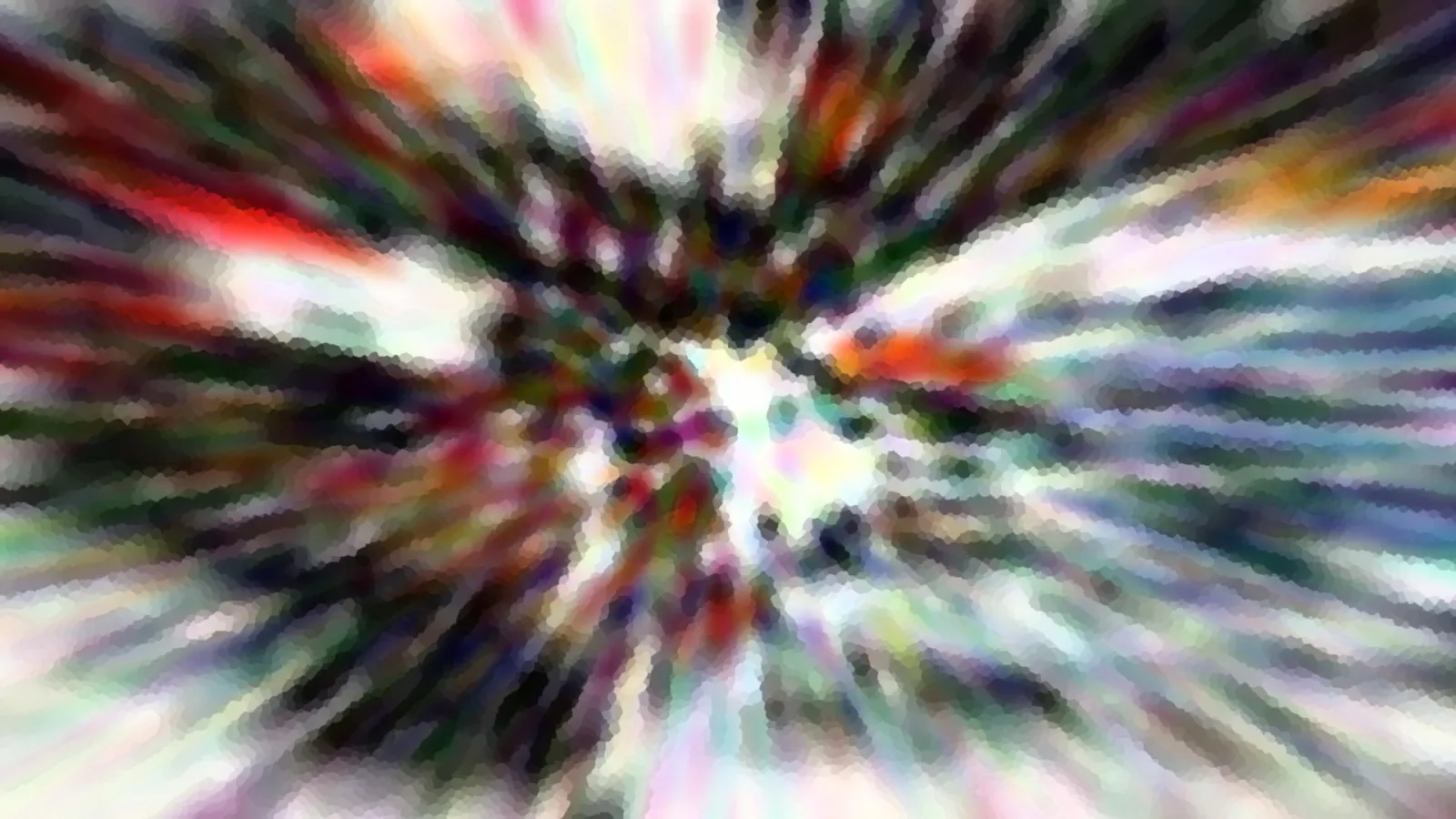 Abstraktes Bild aus bunten Farbstreifen, die strahlenförmig von einem hellen Zentrum nach außen laufen, verschwommen und pixelig gerastert.
