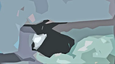Abstrakte Komposition aus graublauen, anthrazitfarbenen und mintgrünen Flächen mit kleinen rosafarbenen Dreiecken.