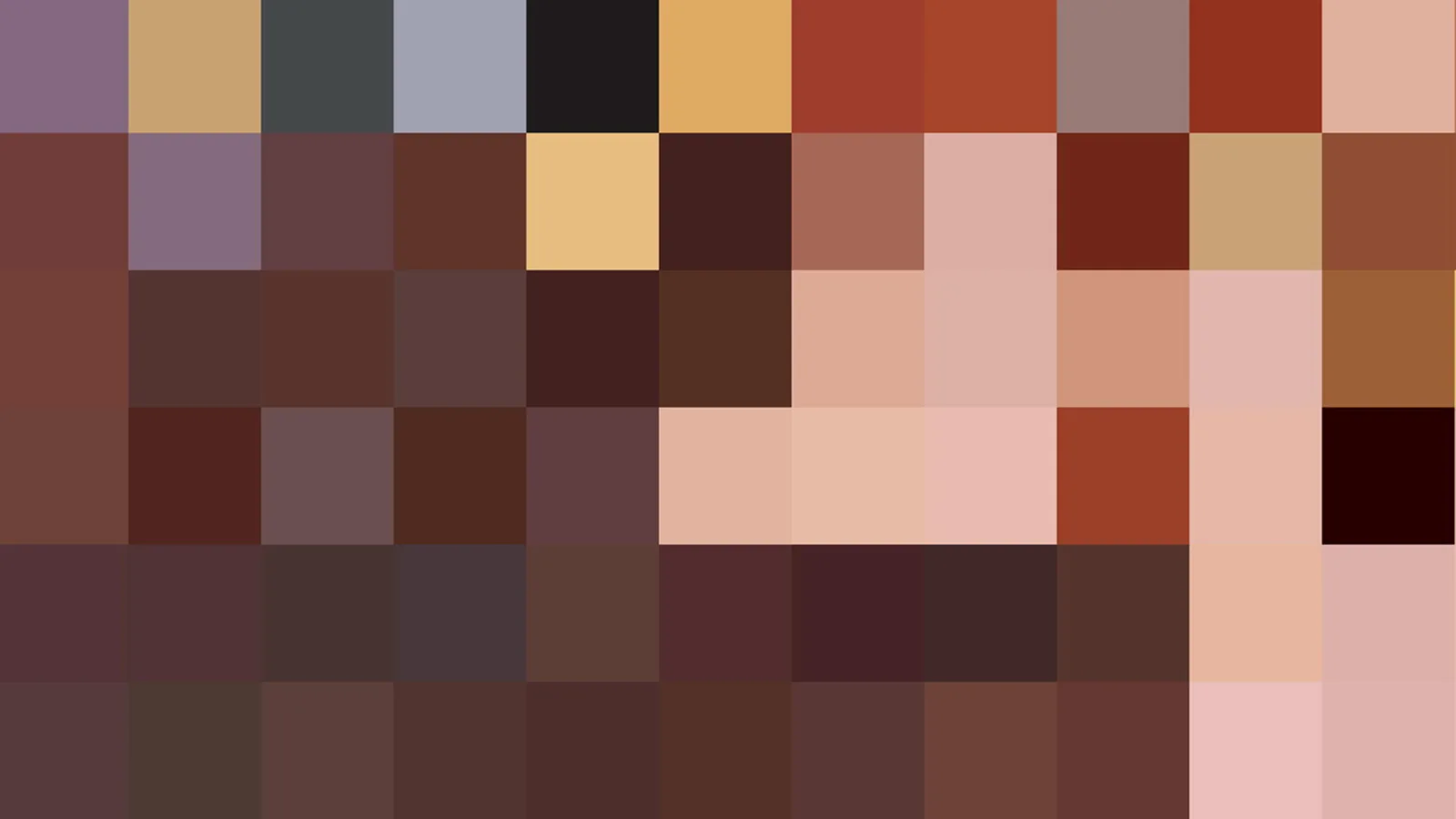 Quadratisches Pixelraster in warmen Haut- und Erdtönen, dazwischen dunkle Felder und vereinzelt helle Gelb- und Rosatöne.