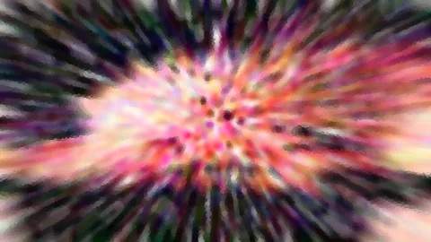 Abstrakte, unscharfe Komposition aus pink, orange und grün, die vom Zentrum radial nach außen strahlt, mit dunklen Punkten in der Mitte.