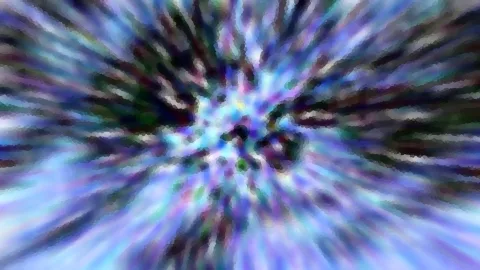 Abstrakte Komposition aus radial ausstrahlenden blauen, violetten und dunklen Schlieren mit mosaikartiger Pixelstruktur, im Zentrum ein heller Lichtpunkt.