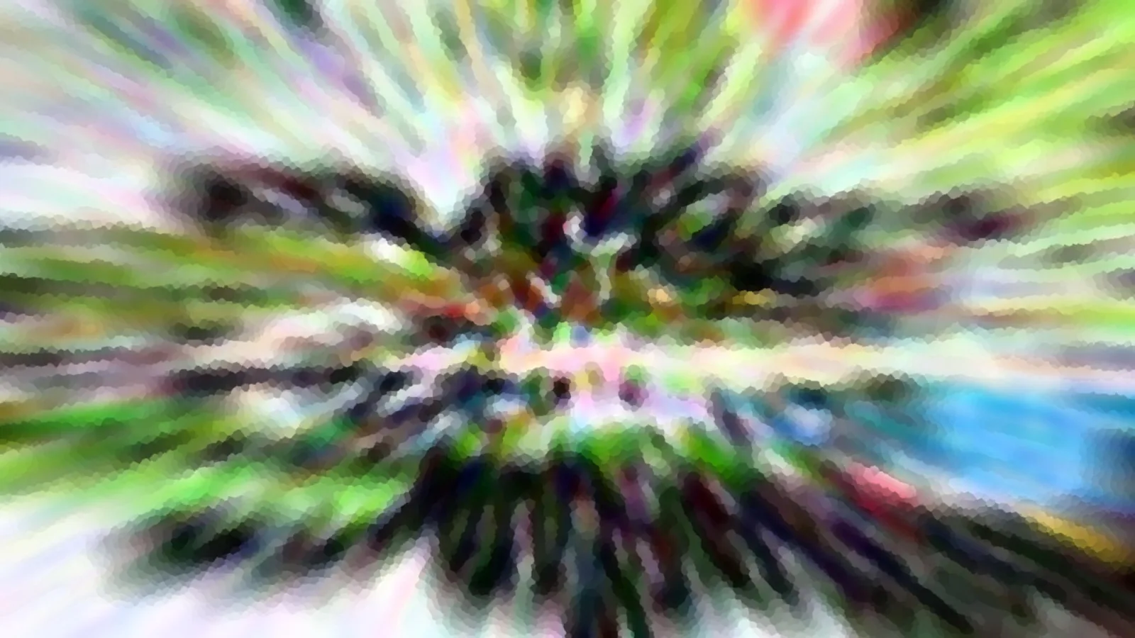 Abstrakte, radial verwischte Aufnahme mit grünen, weißen und pinkfarbenen Schlieren, rechts ein blauer Bereich.