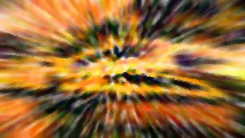 Abstrakte Komposition aus radialen Schlieren in Orange, Gelb und Dunkelgrün, die von der Mitte nach außen laufen.