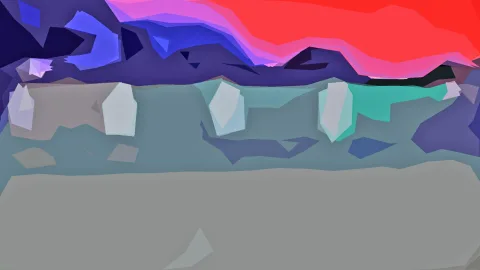 Abstraktes Bild mit rotem Himmel oben rechts, violetten und blauen Flächen im Hintergrund, grau-türkisem Mittelteil mit hellen Blöcken und einer großen grauen Fläche im Vordergrund.