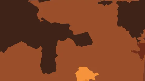 Abstrakte Komposition aus dunkelbraunen Formen auf rostbraunem Grund, unten ein kleiner orangefarbener Fleck.