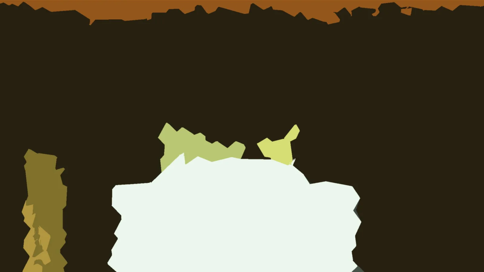 Abstraktes Bild mit dunklem Hintergrund, oben ein orangebrauner Streifen, darunter olivgrüne und gelbgrüne Flächen sowie eine große hellgrüne weiße Form im unteren Drittel.