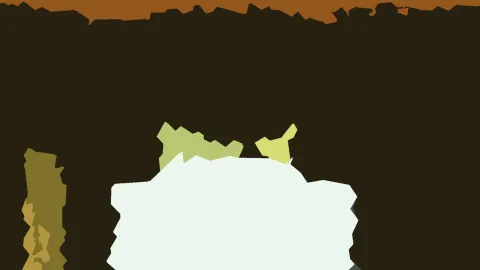 Abstraktes Bild mit dunklem Hintergrund, oben ein orangebrauner Streifen, darunter olivgrüne und gelbgrüne Flächen sowie eine große hellgrüne weiße Form im unteren Drittel.