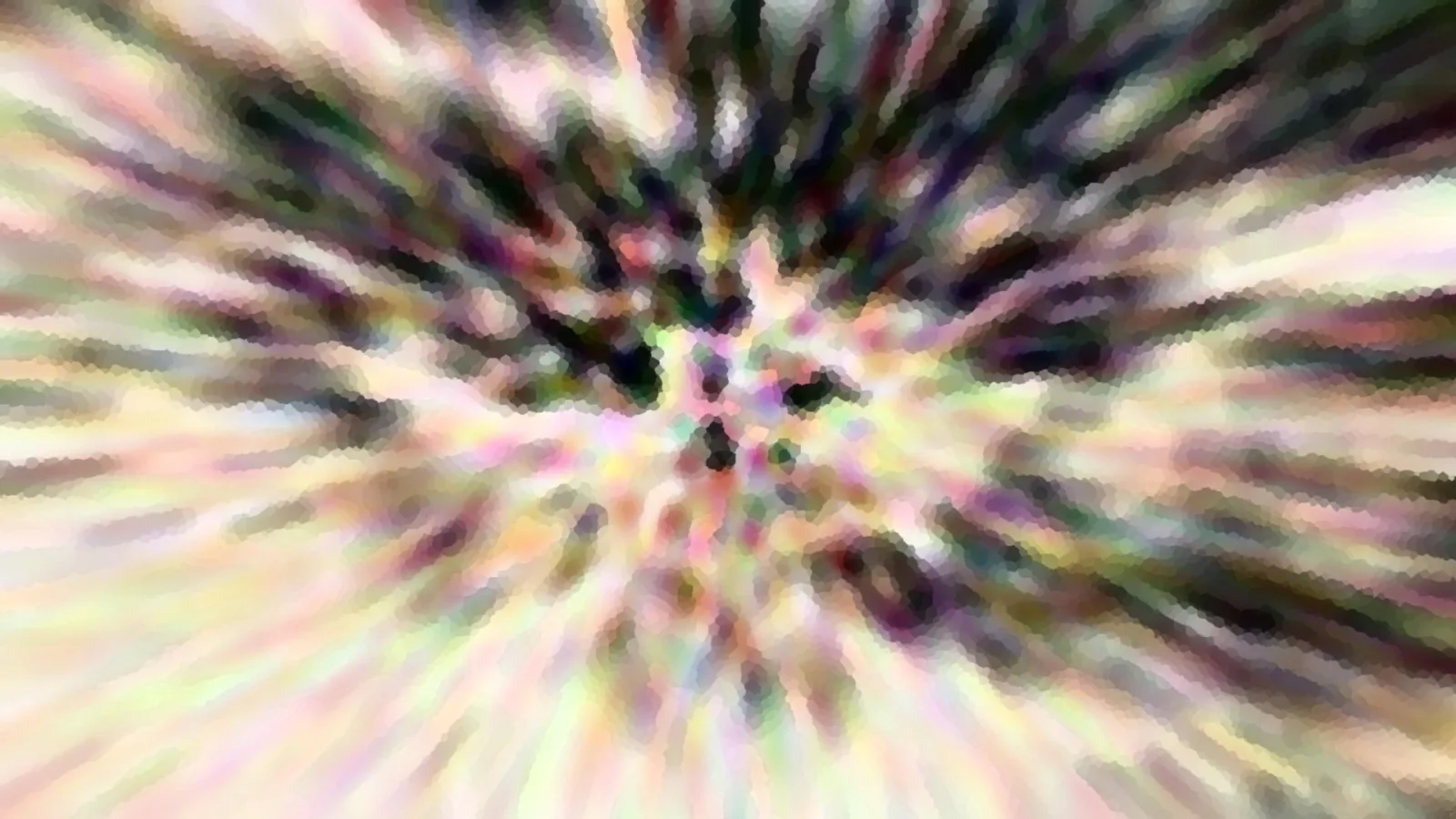 Abstrakte Komposition aus pastellfarbenen Streifen, die von einem dunklen Zentrum radial nach außen strahlen, mit mosaikartig verpixelten Kanten.