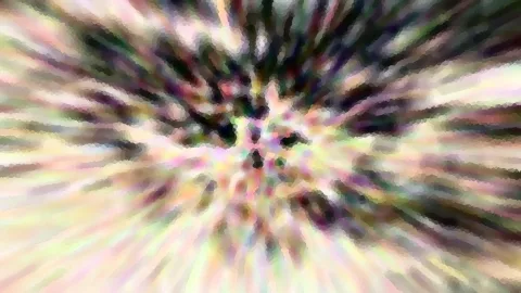 Abstrakte Komposition aus pastellfarbenen Streifen, die von einem dunklen Zentrum radial nach außen strahlen, mit mosaikartig verpixelten Kanten.