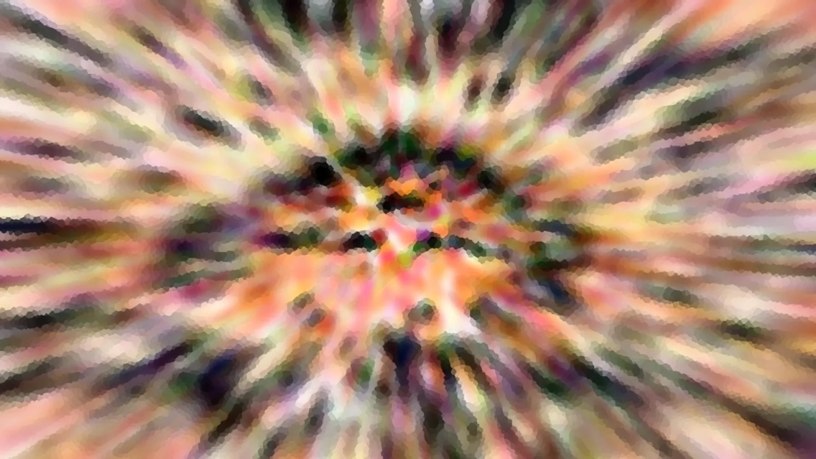 Abstraktes Bild aus bunten Strahlen, die von einem dunklen Zentrum nach außen laufen, mit grober, mosaikartiger Pixelstruktur.