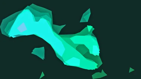 Abstrakte, kantige Form in Türkis und Mintgrün mit hellen Flächen auf dunkelgrünem Hintergrund.