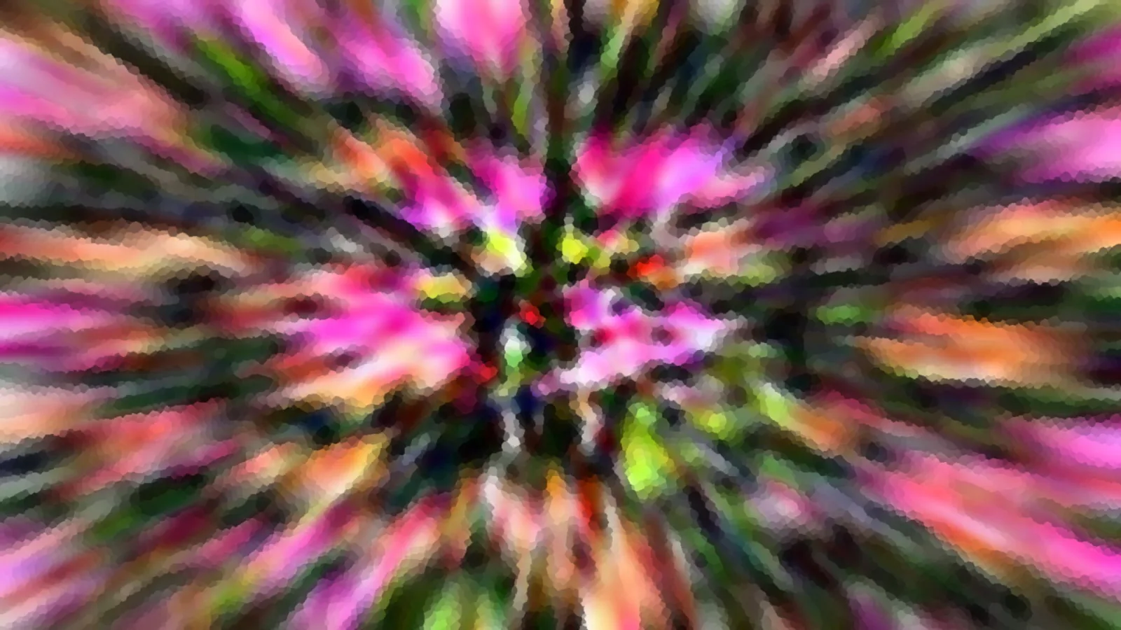 Abstraktes Bild mit radial von der Mitte nach außen verlaufenden Streifen in Pink, Grün, Orange und Schwarz, die wie ein Zoomeffekt wirken; die Mitte ist dunkel und kleinteilig.