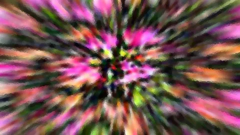 Abstraktes Bild mit radial von der Mitte nach außen verlaufenden Streifen in Pink, Grün, Orange und Schwarz, die wie ein Zoomeffekt wirken; die Mitte ist dunkel und kleinteilig.