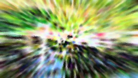 Abstrakte Komposition aus grünen, gelben und pinken Farbstreifen, die von einem hellen Zentrum radial nach außen laufen, mit dunklen Flecken und mosaikartiger Pixelstruktur.