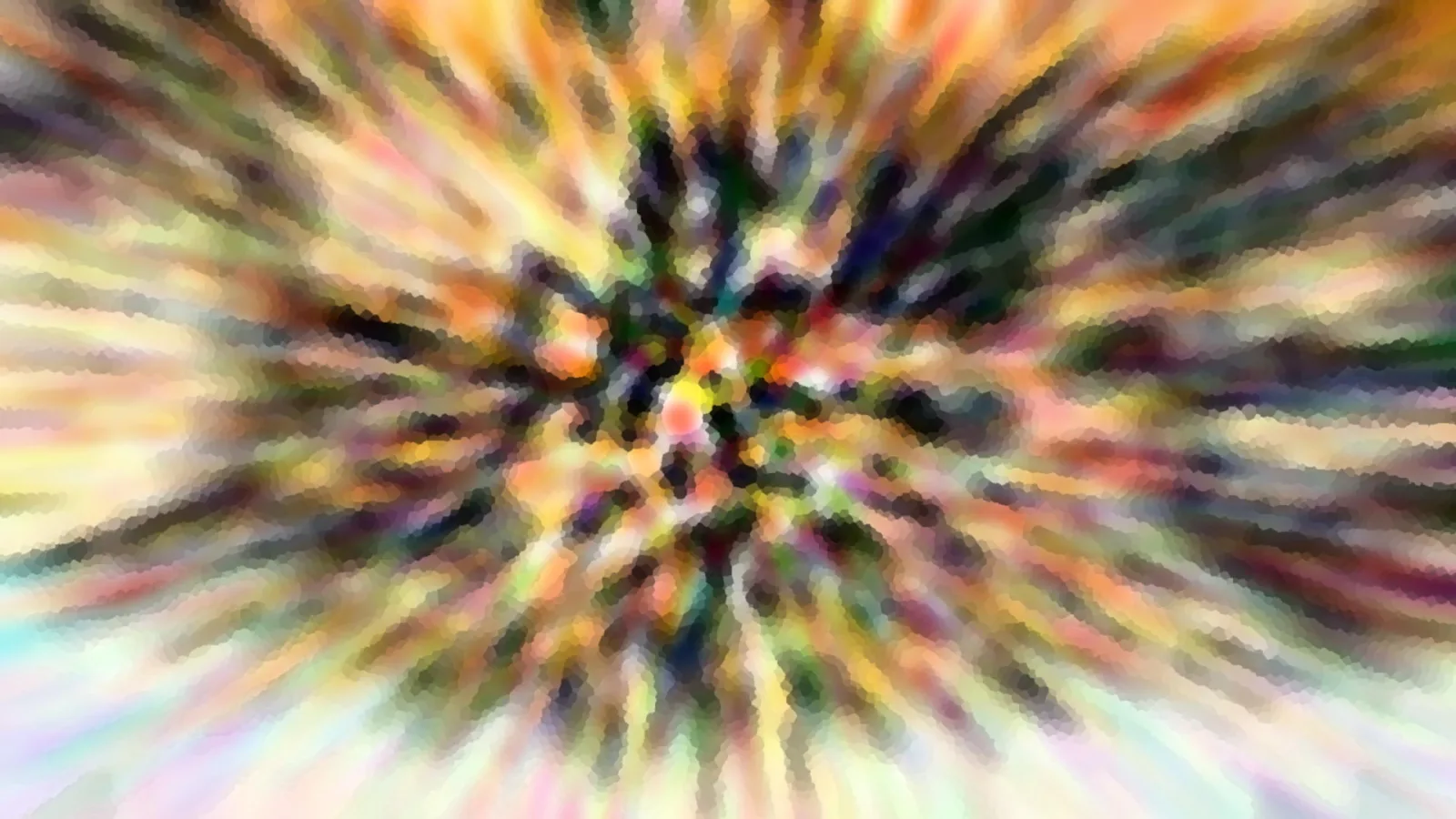 Abstrakte Komposition aus bunten Farbstrahlen, die vom dunklen Zentrum nach außen strahlen, mit pixeliger Mosaikstruktur.