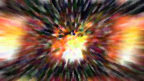Abstrakte Komposition aus radial von einem hellen Zentrum nach außen laufenden, verwischten Farbstrahlen in Orange, Gelb, Grün und Dunkelblau.