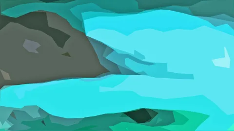 Abstrakte Komposition aus kantigen, überlappenden Flächen in Türkis, Cyan, Grau und Grün, links eine dunkelgraue Fläche, rechts helle Türkisfarben.