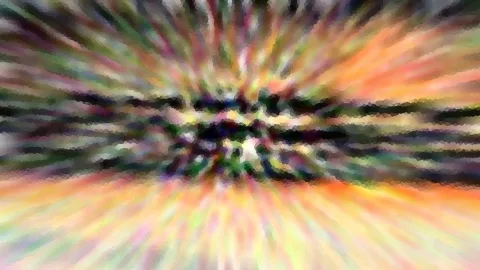 Abstraktes Bild mit radialen, farbigen Streifen in Orange, Grün und Schwarz, die von einem dunklen Zentrum nach außen laufen.