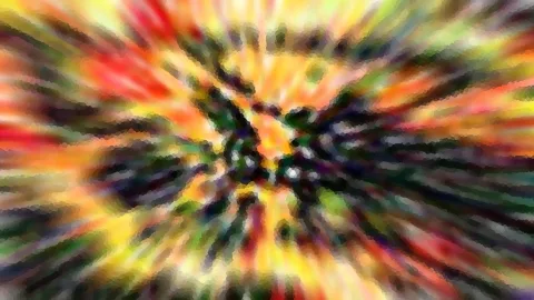Abstrakte Komposition aus radial verwischten Farbstreifen in Rot, Gelb, Orange und Grün mit dunklem Zentrum