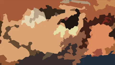 Abstraktes Muster aus unregelmäßigen, flächigen Formen in Braun-, Beige- und Sandtönen, unten rechts ein dunkelblauer Bereich.
