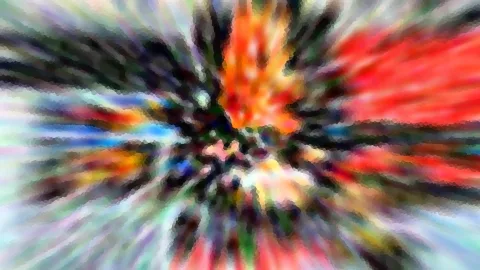 Abstrakte Komposition aus roten, orangen, blauen und grünen Farbstrahlen, die von einem dunklen Zentrum nach außen laufen.