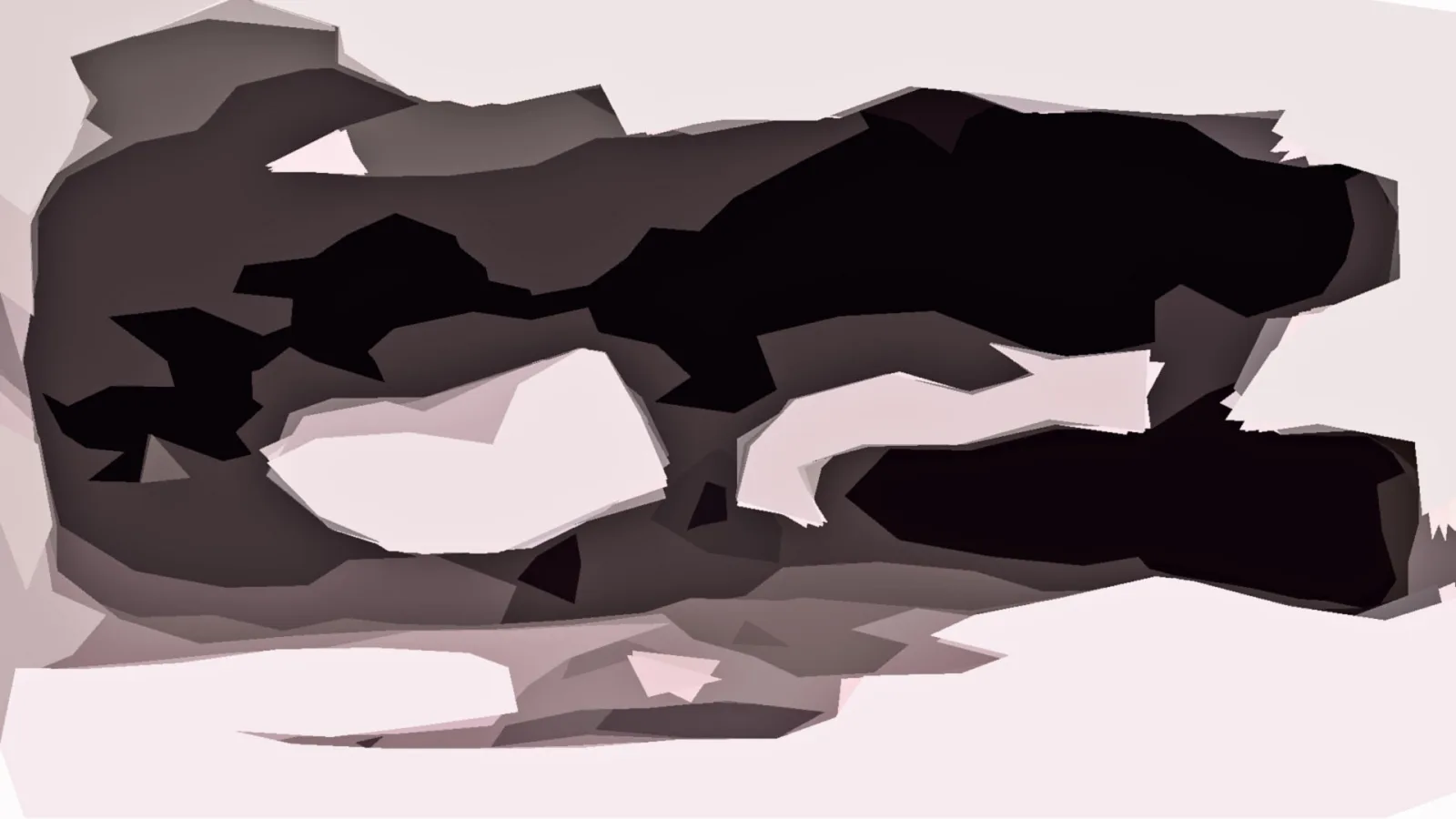 Abstrakte Komposition aus dunkelbraunen und schwarzen Flächen mit hellrosa Formen auf hellem Grund, kantig und polygonal begrenzt.