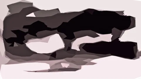 Abstrakte Komposition aus dunkelbraunen und schwarzen Flächen mit hellrosa Formen auf hellem Grund, kantig und polygonal begrenzt.