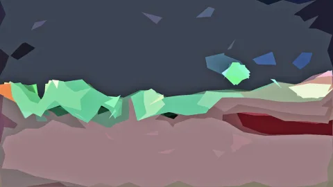 Abstrakte Landschaft aus facettierten Flächen: dunkler Himmel über einem grünen Gebirgskamm und rosafarbenem Vordergrund.