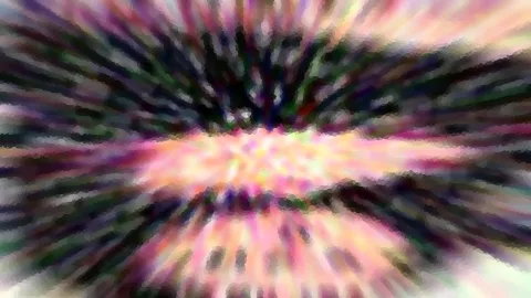 Abstrakte Komposition aus rosa, gelben und dunkelgrünen Schlieren, die radial von der Mitte nach außen laufen.