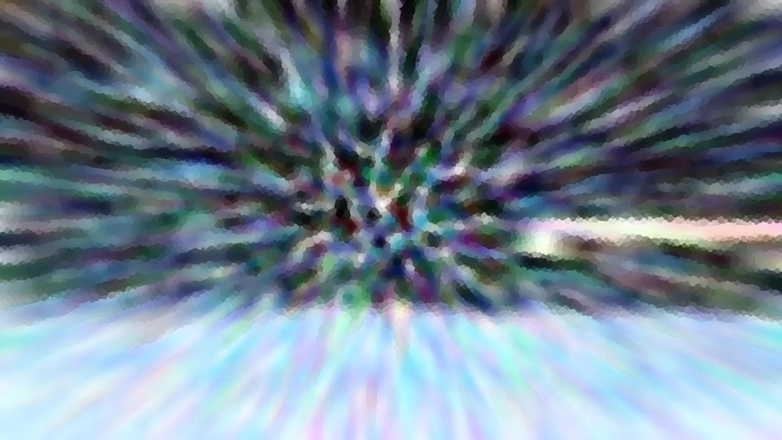 Abstrakte Komposition aus radial verlaufenden, bunten Schlieren mit dunklem Zentrum und hellblauem Untergrund.