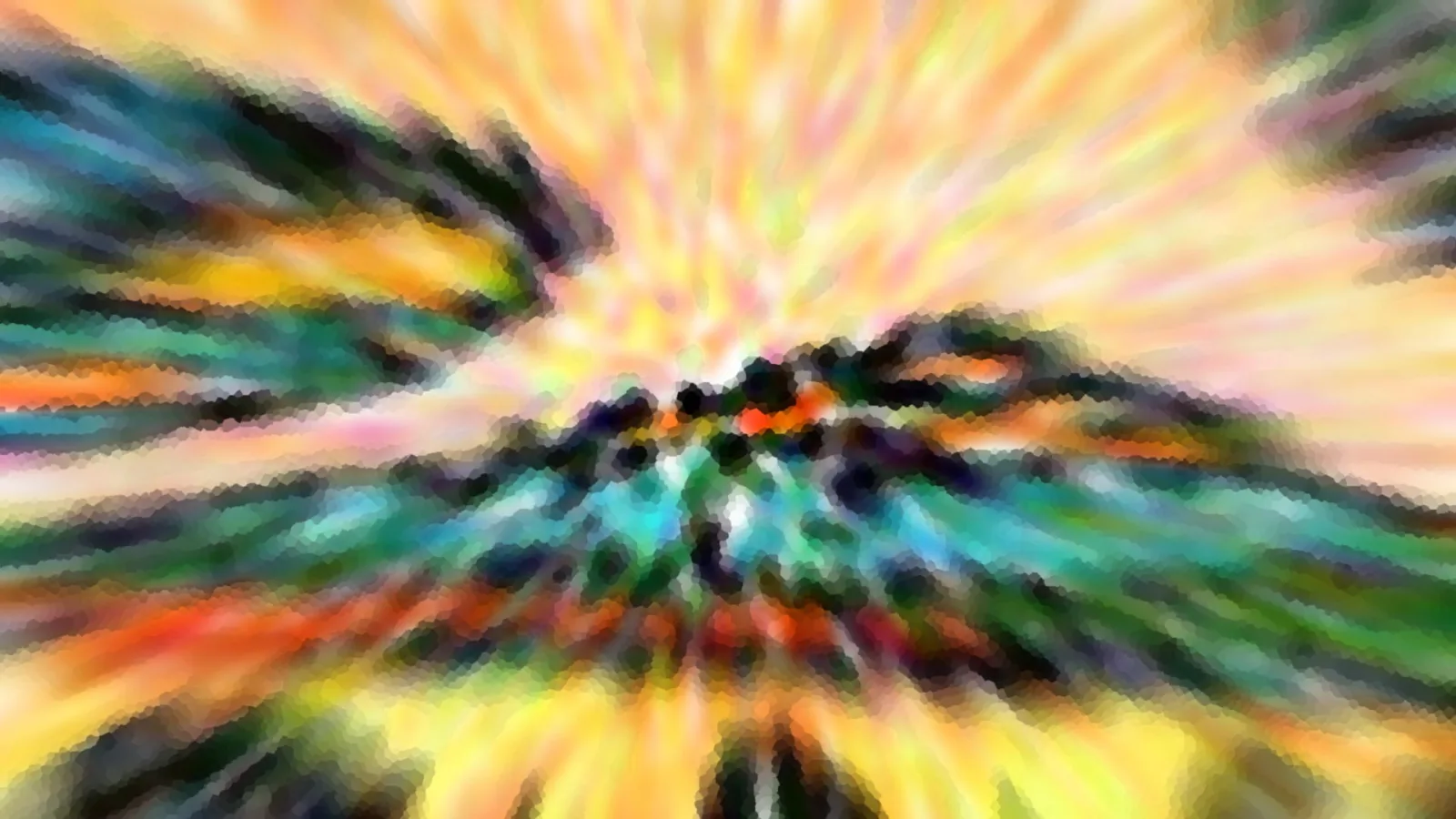 Abstraktes Bild mit radialer Unschärfe: gelbe und orangefarbene Strahlen laufen von einer hellen Mitte aus nach außen, dazwischen liegen dunkle grüne, türkise und rote Schlieren in einer mosaikartigen Struktur.