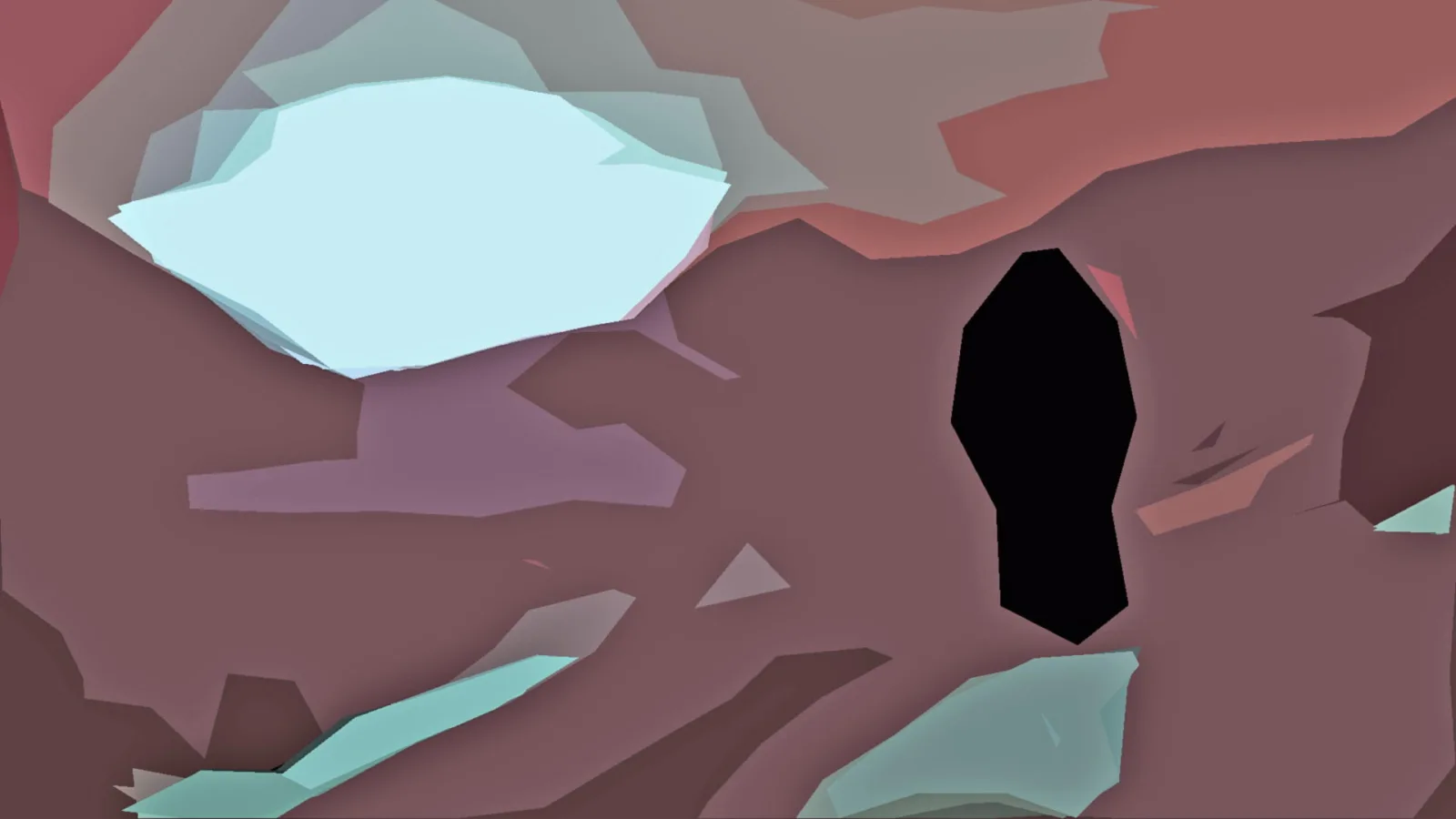 Abstrakte Komposition aus flachen, kantigen Farbflächen in Mauve, Rosa und Pastellblau, mit einer großen hellblauen Form oben links und einem schwarzen Oval rechts der Mitte.