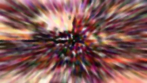 Abstrakte Komposition aus bunten, radial von einem dunklen Zentrum ausstrahlenden Streifen in Rosa, Orange, Gelb und Dunkelgrün, leicht pixelig.