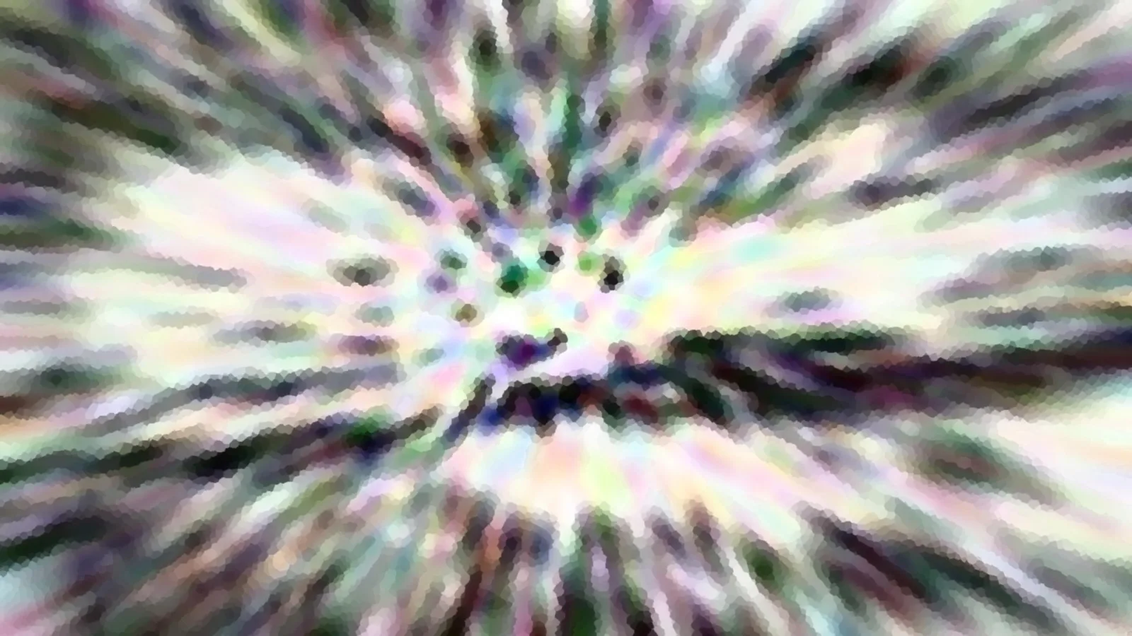 Abstraktes Bild mit bunten, pastellfarbenen Streifen, die vom Zentrum nach außen strahlen und ein pixeliges Mosaikmuster bilden.