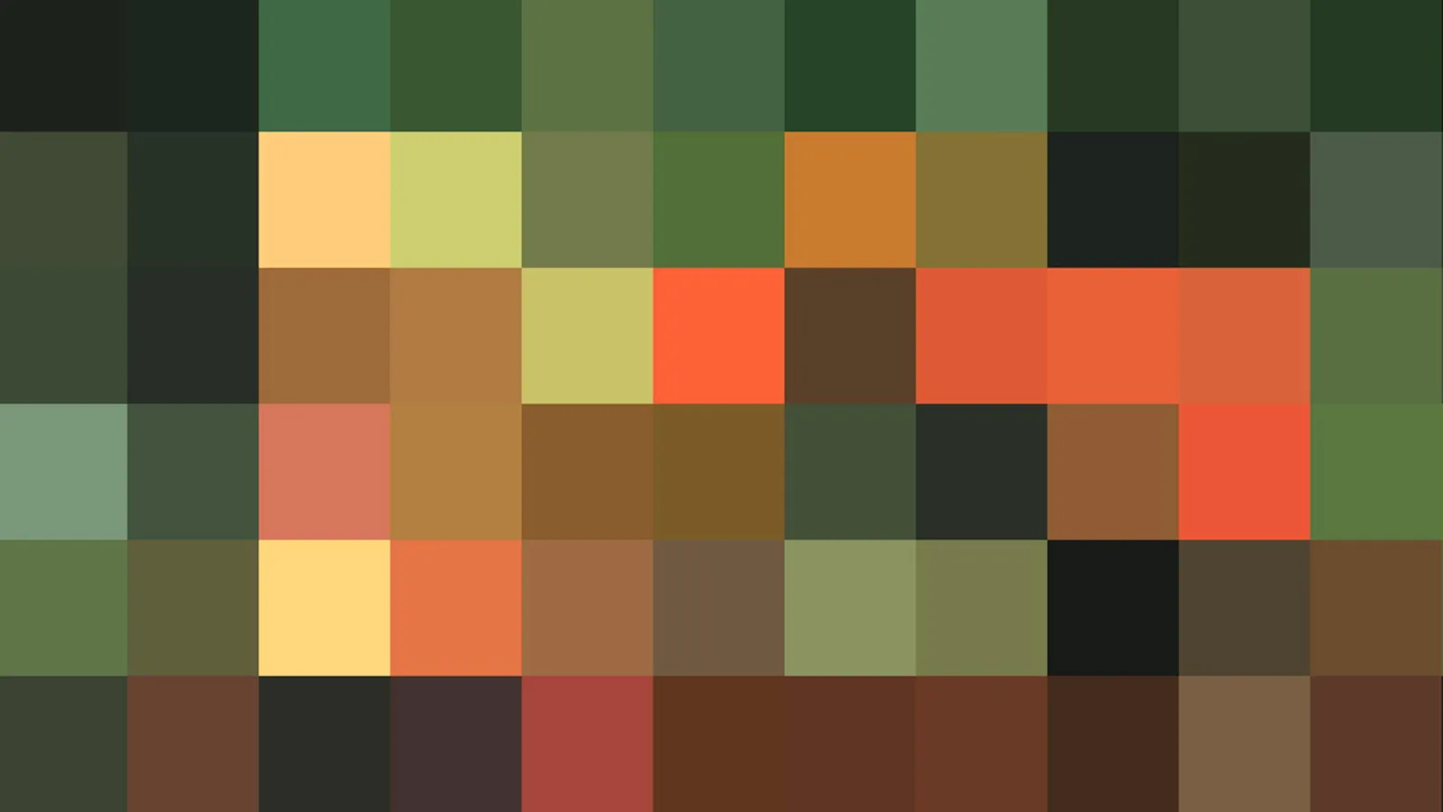 Pixelmosaik aus einem Raster quadratischer Felder in Grün, Braun, Orange und Rot, mit einzelnen hellgelben und dunklen Akzenten.