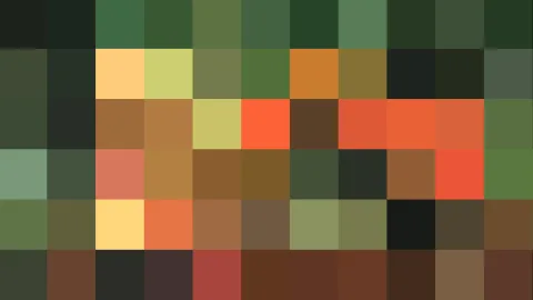Pixelmosaik aus einem Raster quadratischer Felder in Grün, Braun, Orange und Rot, mit einzelnen hellgelben und dunklen Akzenten.