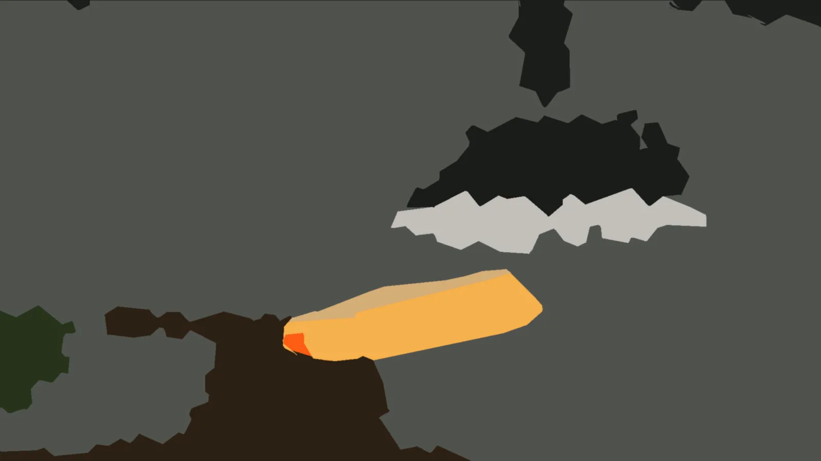 Abstrakte Komposition aus grauen, schwarzen und braunen Flächen mit einem länglichen, orangefarbenen Element in der Bildmitte.