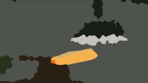 Abstrakte Komposition aus grauen, schwarzen und braunen Flächen mit einem länglichen, orangefarbenen Element in der Bildmitte.