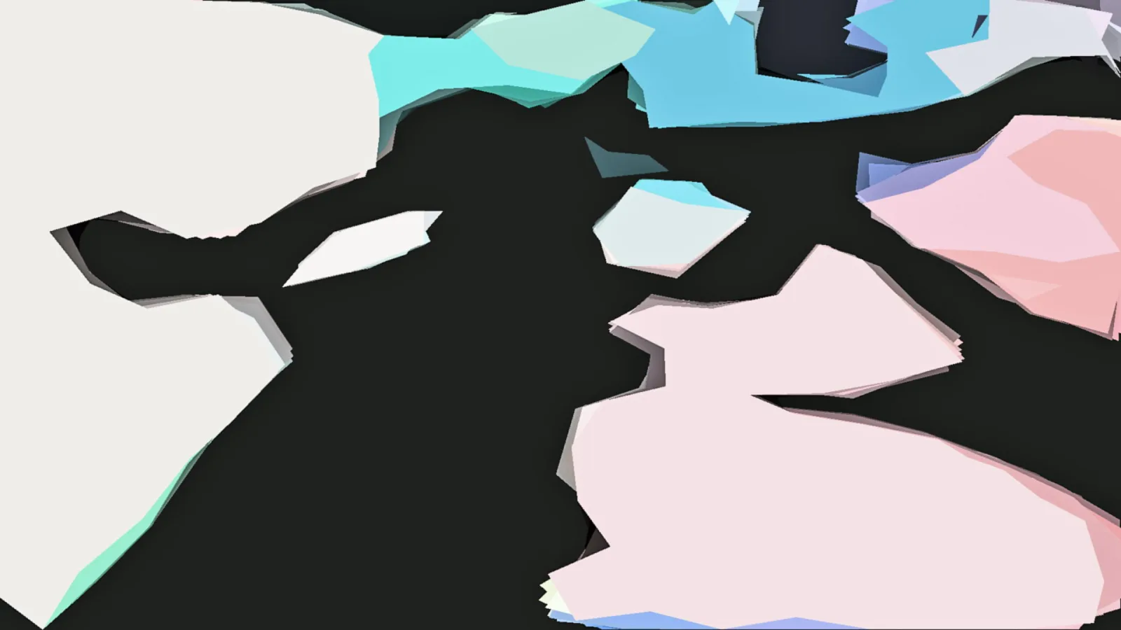 Abstrakte Komposition aus weißen, mintgrünen, hellblauen und rosa Flächen vor schwarzem Hintergrund.